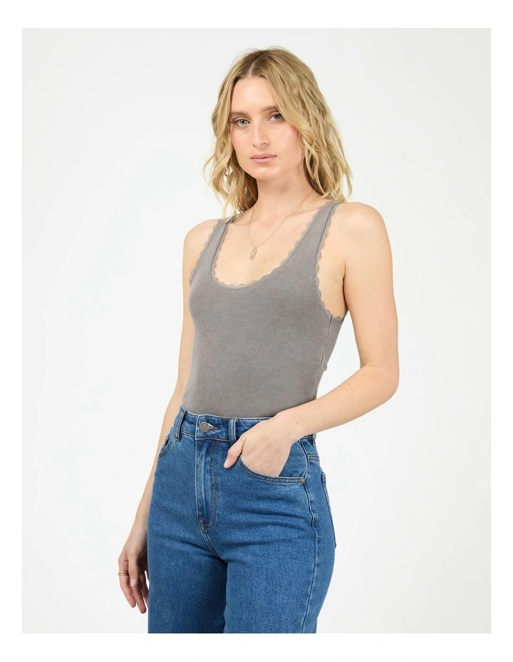 Washed Rib Lace Tank in Charcoal image 3