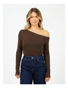 Kylie Off Shoulder Long Sleeve Top in Brown