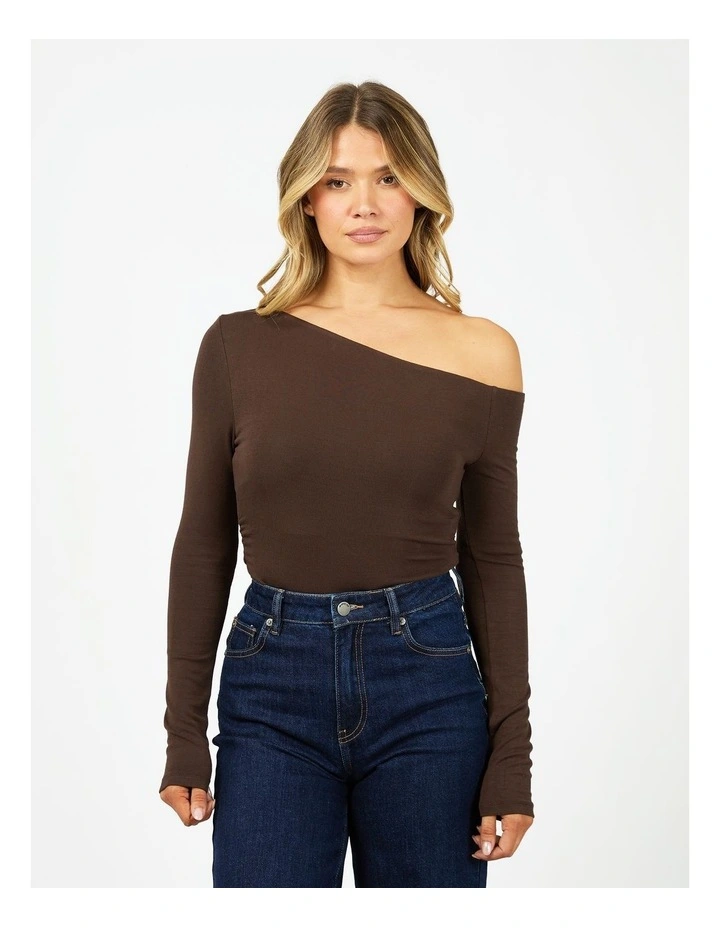 Kylie Off Shoulder Long Sleeve Top in Brown image 1