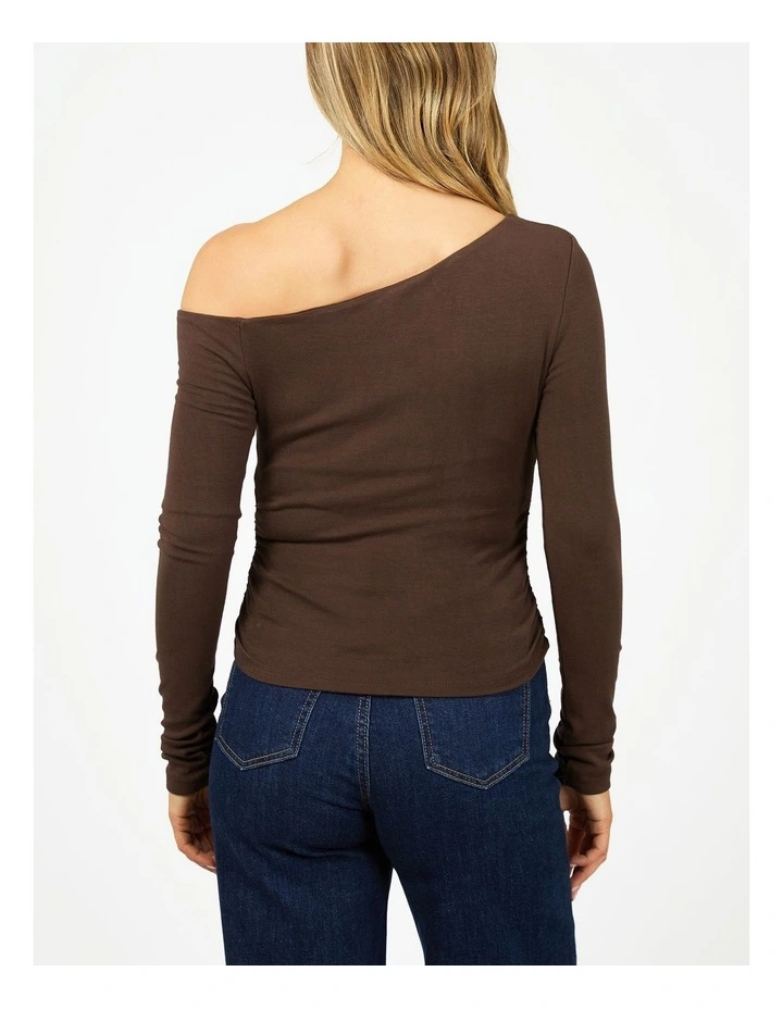 Kylie Off Shoulder Long Sleeve Top in Brown image 2