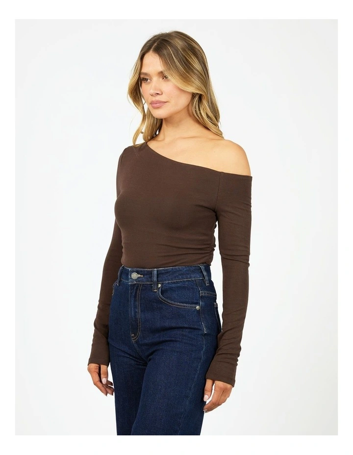 Kylie Off Shoulder Long Sleeve Top in Brown image 3