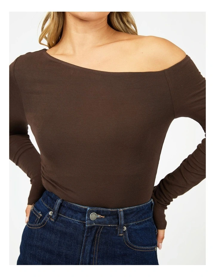 Kylie Off Shoulder Long Sleeve Top in Brown image 4