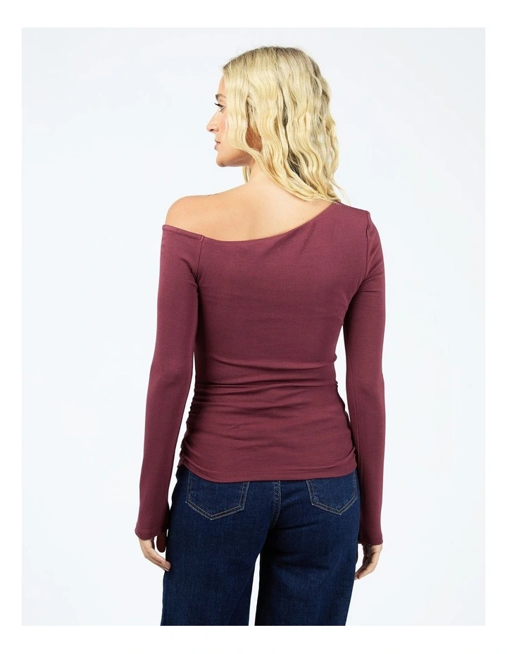 Kylie Off Shoulder Long Sleeve Top in Burgundy image 2