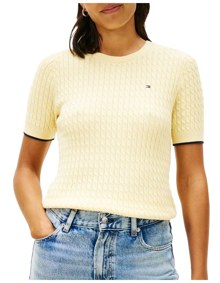 Cable Knit Short Sleeve Jumper in Yellow image 1
