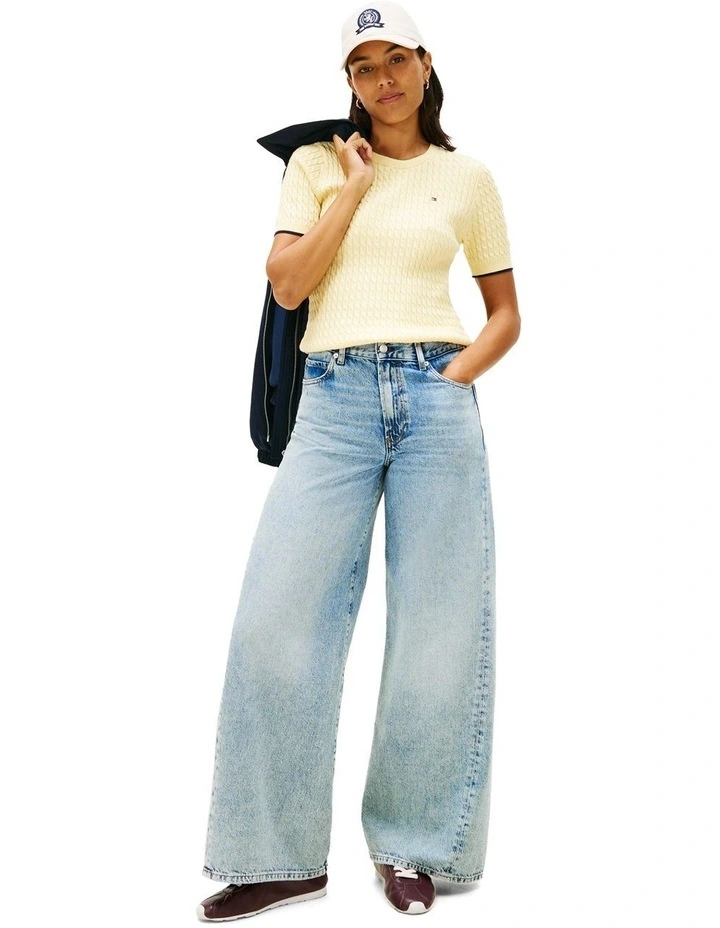 Cable Knit Short Sleeve Jumper in Yellow image 4