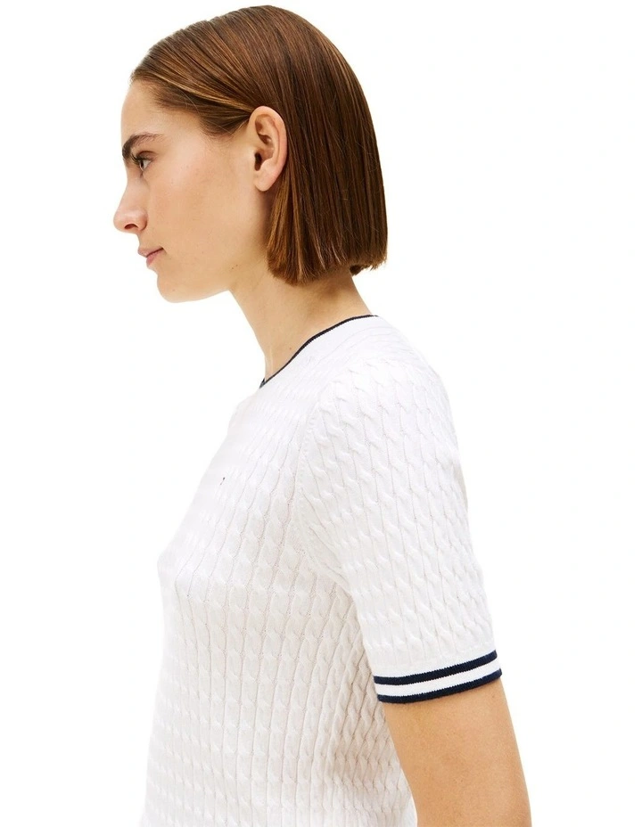 Cable Knit Short Sleeve Jumper in White image 3