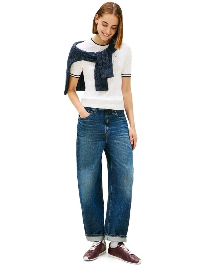 Cable Knit Short Sleeve Jumper in White image 4