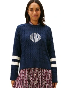 Logo Embroidery Relaxed Cable Knit Jumper in Navy
