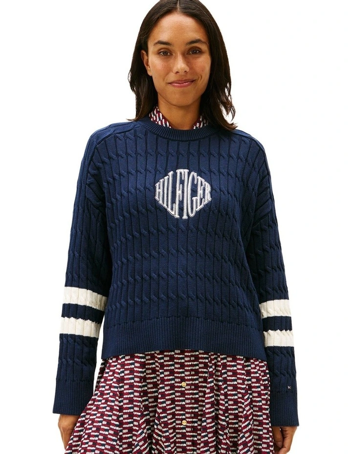 Logo Embroidery Relaxed Cable Knit Jumper in Navy image 1