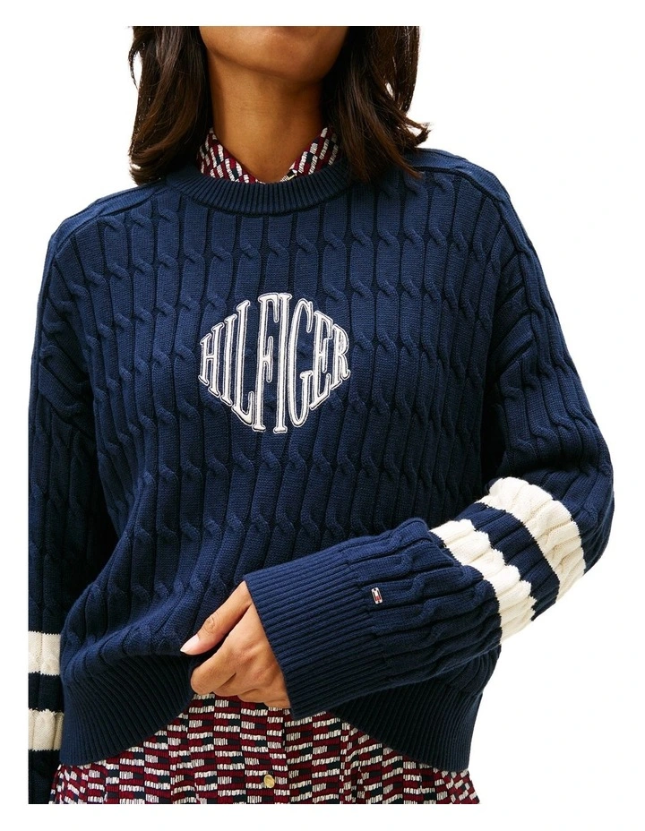 Logo Embroidery Relaxed Cable Knit Jumper in Navy image 3