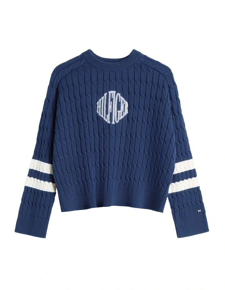 Logo Embroidery Relaxed Cable Knit Jumper in Navy image 5