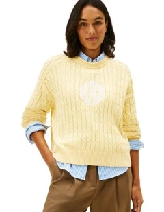 Logo Embroidery Relaxed Cable Knit Jumper in Yellow