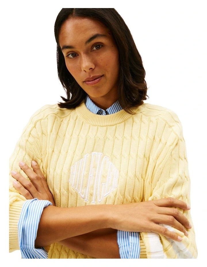Logo Embroidery Relaxed Cable Knit Jumper in Yellow image 3