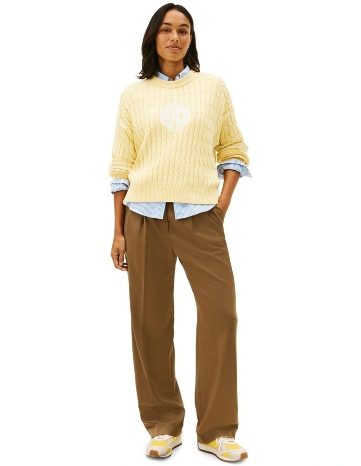 Logo Embroidery Relaxed Cable Knit Jumper in Yellow image 4