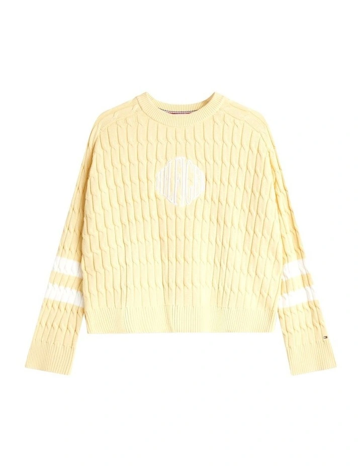 Logo Embroidery Relaxed Cable Knit Jumper in Yellow image 5