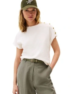 Gold-Tone Button Shoulder T-Shirt in White