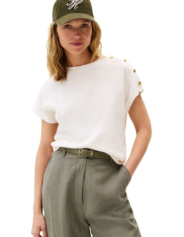 Gold-Tone Button Shoulder T-Shirt in White image 1