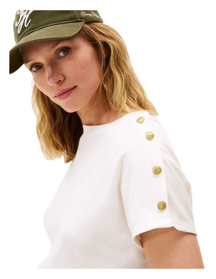 Gold-Tone Button Shoulder T-Shirt in White image 3
