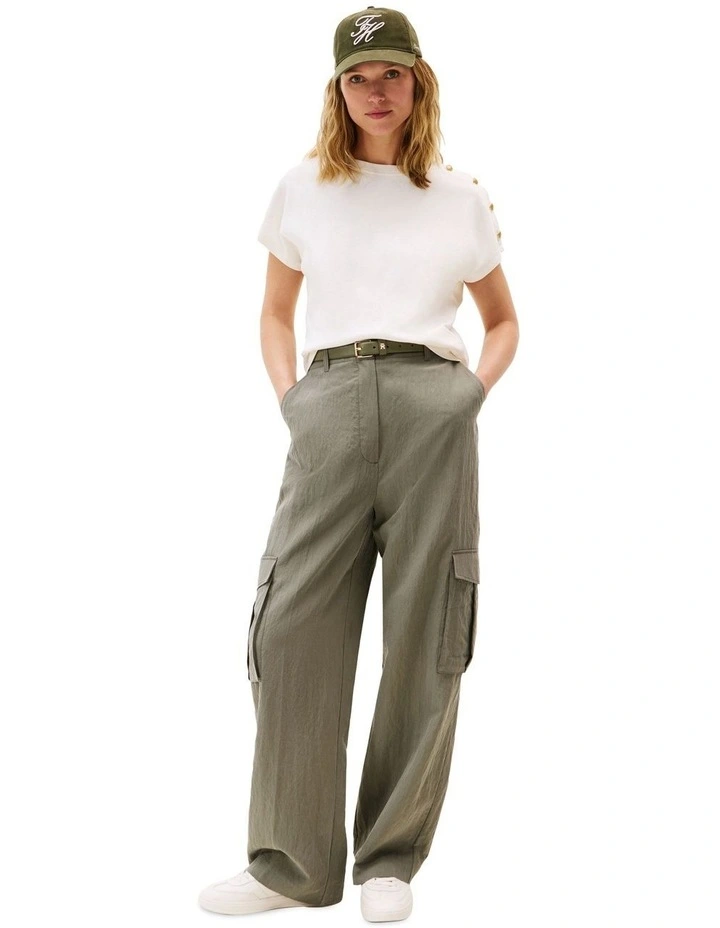 Gold-Tone Button Shoulder T-Shirt in White image 4