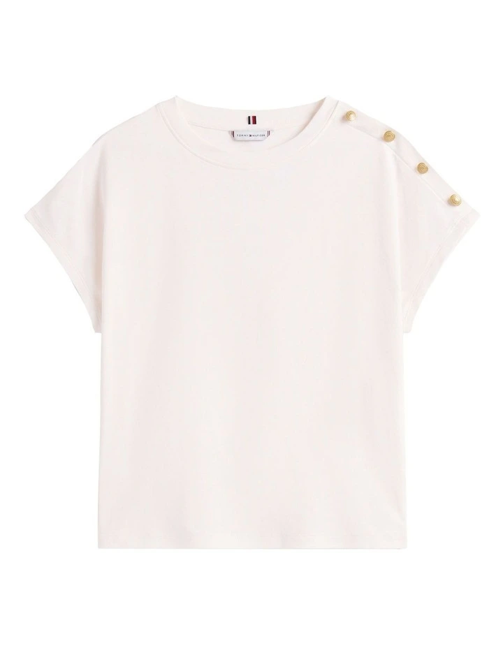 Gold-Tone Button Shoulder T-Shirt in White image 5