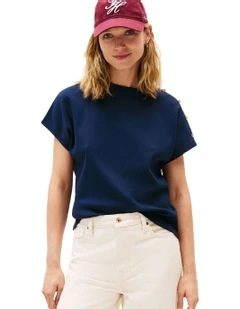 Gold-Tone Button Shoulder T-Shirt in Blue