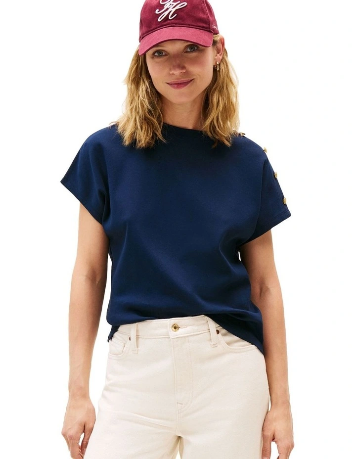 Gold-Tone Button Shoulder T-Shirt in Blue image 1