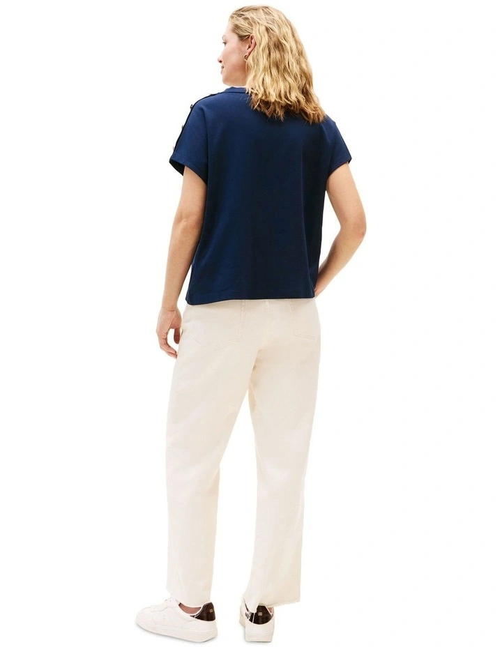 Gold-Tone Button Shoulder T-Shirt in Blue image 2