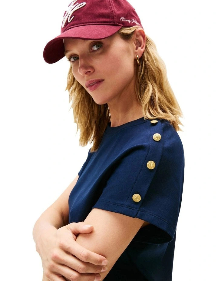 Gold-Tone Button Shoulder T-Shirt in Blue image 3