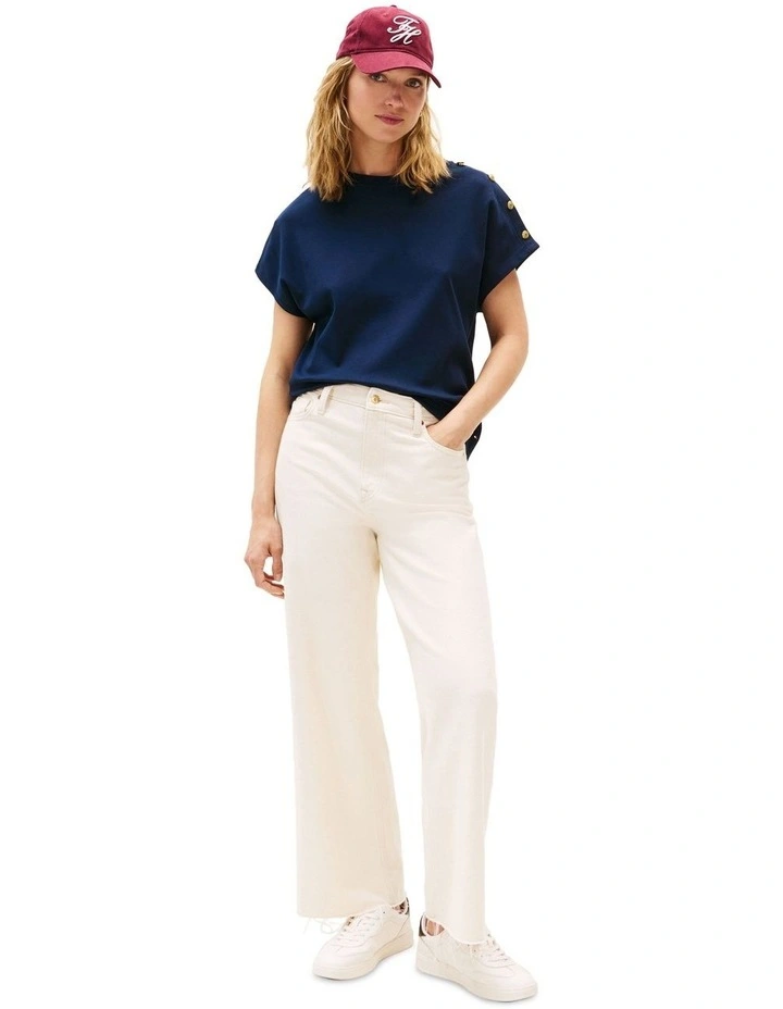 Gold-Tone Button Shoulder T-Shirt in Blue image 4