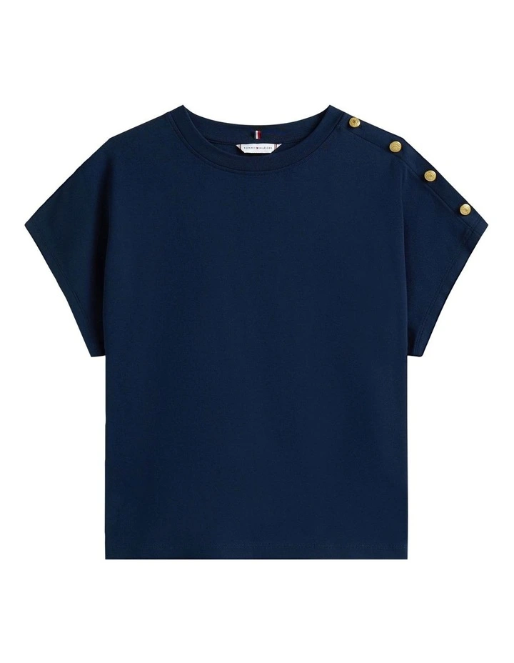 Gold-Tone Button Shoulder T-Shirt in Blue image 5