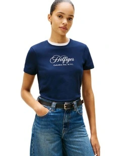 Logo Embroidery Crew Neck T-Shirt in Blue