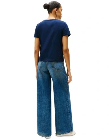 Logo Embroidery Crew Neck T-Shirt in Blue