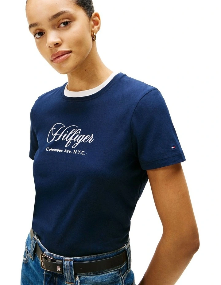 Logo Embroidery Crew Neck T-Shirt in Blue image 3
