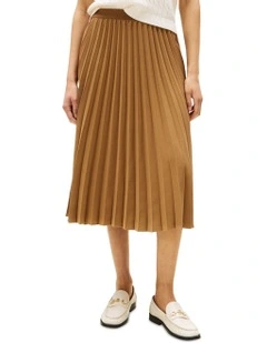 Logo Waistband Pleated Midi Skirt in Brown