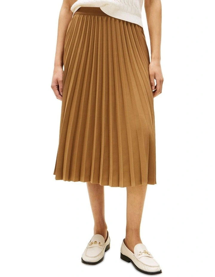 Logo Waistband Pleated Midi Skirt in Brown image 1