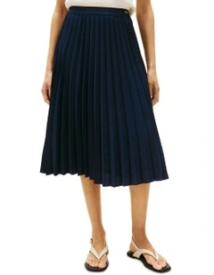Logo Waistband Pleated Midi Skirt in Blue