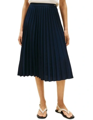 Logo Waistband Pleated Midi Skirt in Blue
