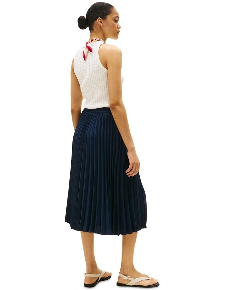 Logo Waistband Pleated Midi Skirt in Blue image 2