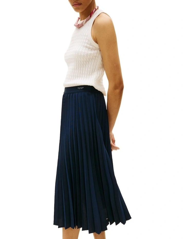 Logo Waistband Pleated Midi Skirt in Blue image 3