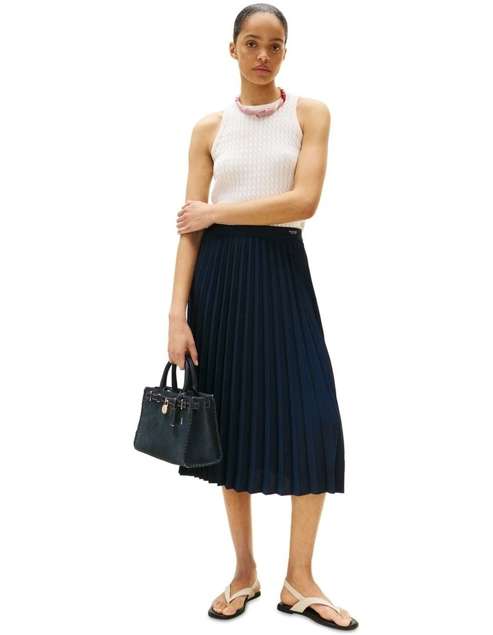 Logo Waistband Pleated Midi Skirt in Blue image 4