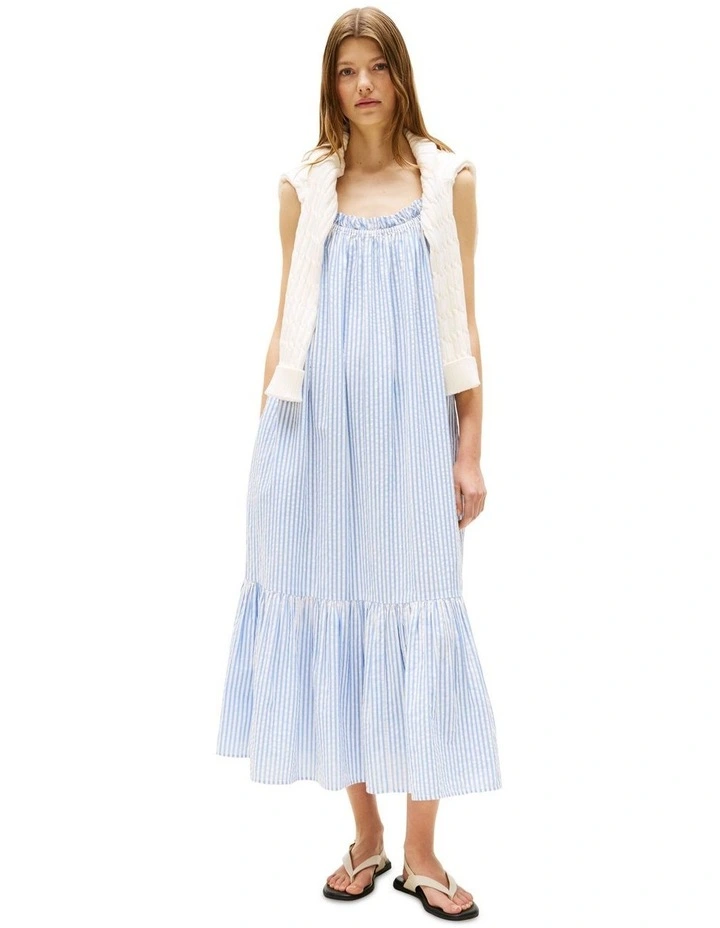 Seersucker Fit And Flare Maxi Dress in Blue image 1