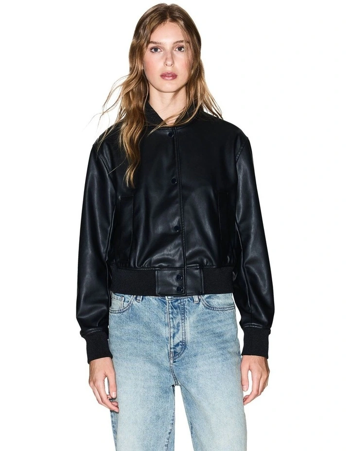 Essential Leather Bomber Jacket in Black image 1