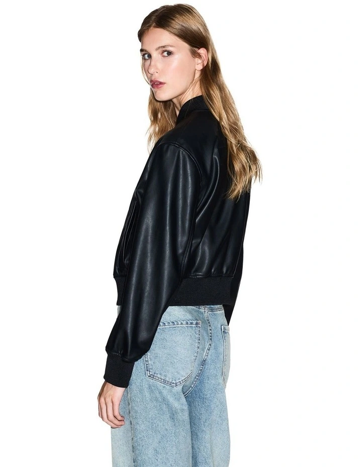 Essential Leather Bomber Jacket in Black image 2