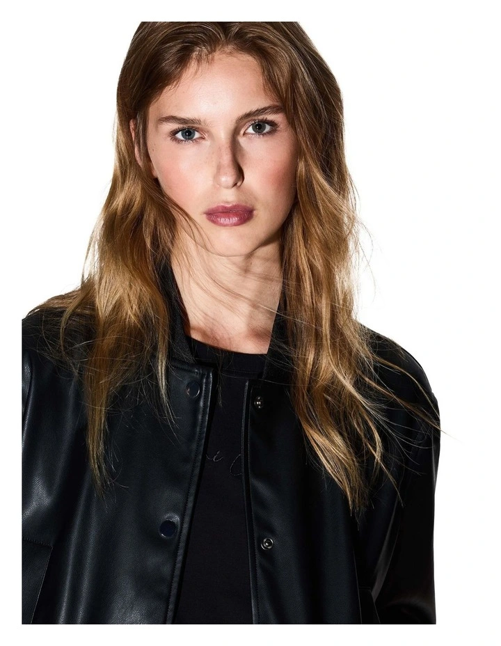 Essential Leather Bomber Jacket in Black image 4