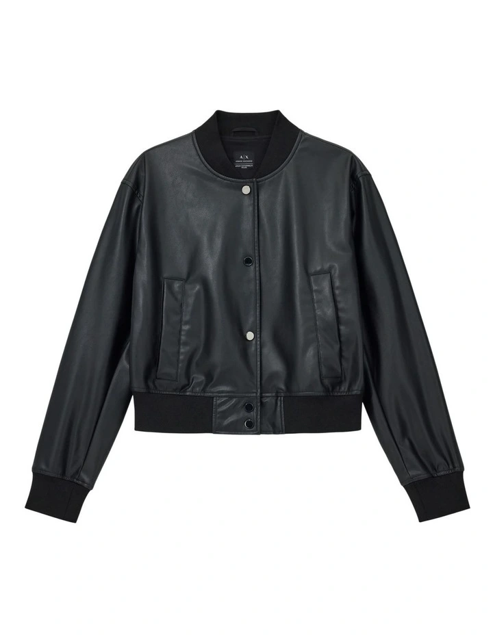 Essential Leather Bomber Jacket in Black image 6