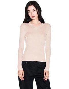 Salin De Giraud Ribbed Knit V Neck Pullover in Beige