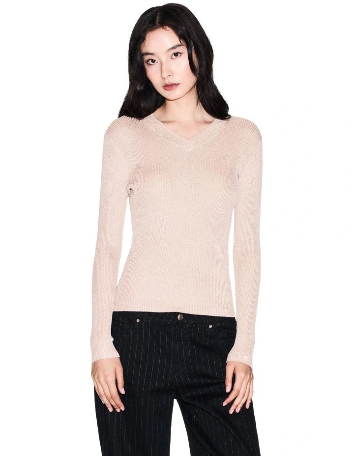 Salin De Giraud Ribbed Knit V Neck Pullover in Beige image 1