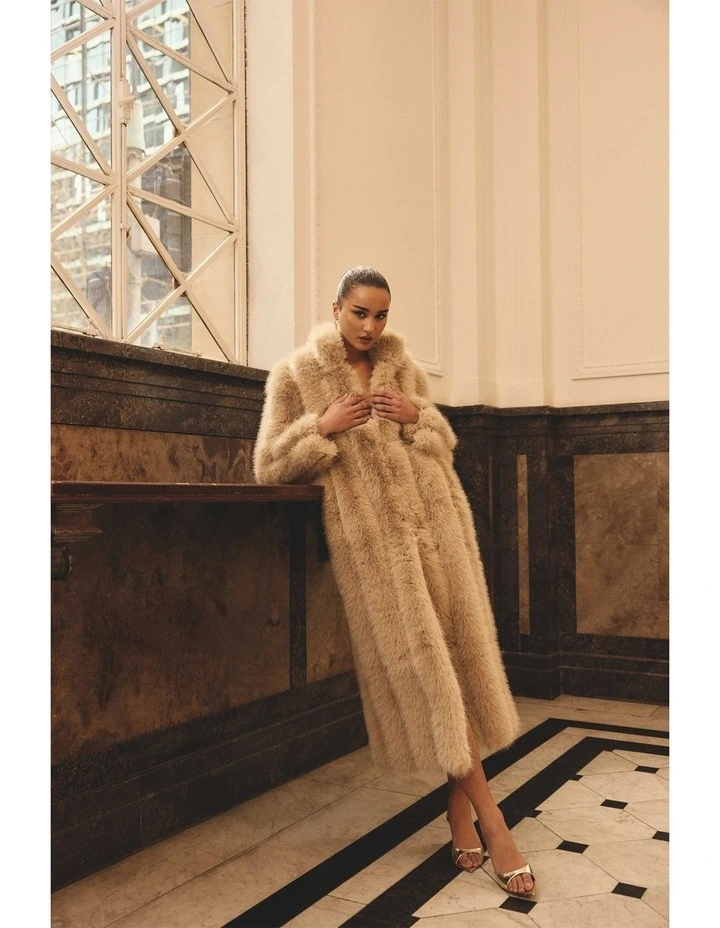 Faux Fur Maxi Coat in Beige image 3