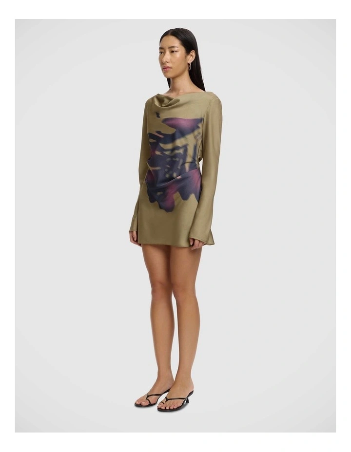 Tily Long Sleeve Mini Dress in Olive Stencil image 3