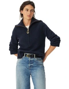 Casuarina Lambswool Zip Knit Jumper in Navy